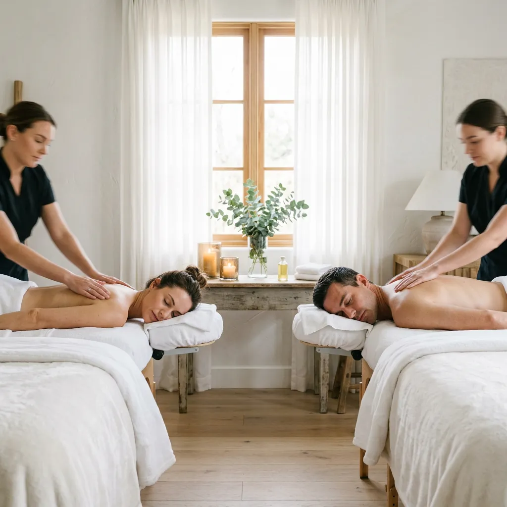 Couples massage: two therapists work side by side on a woman and a man in a bright room