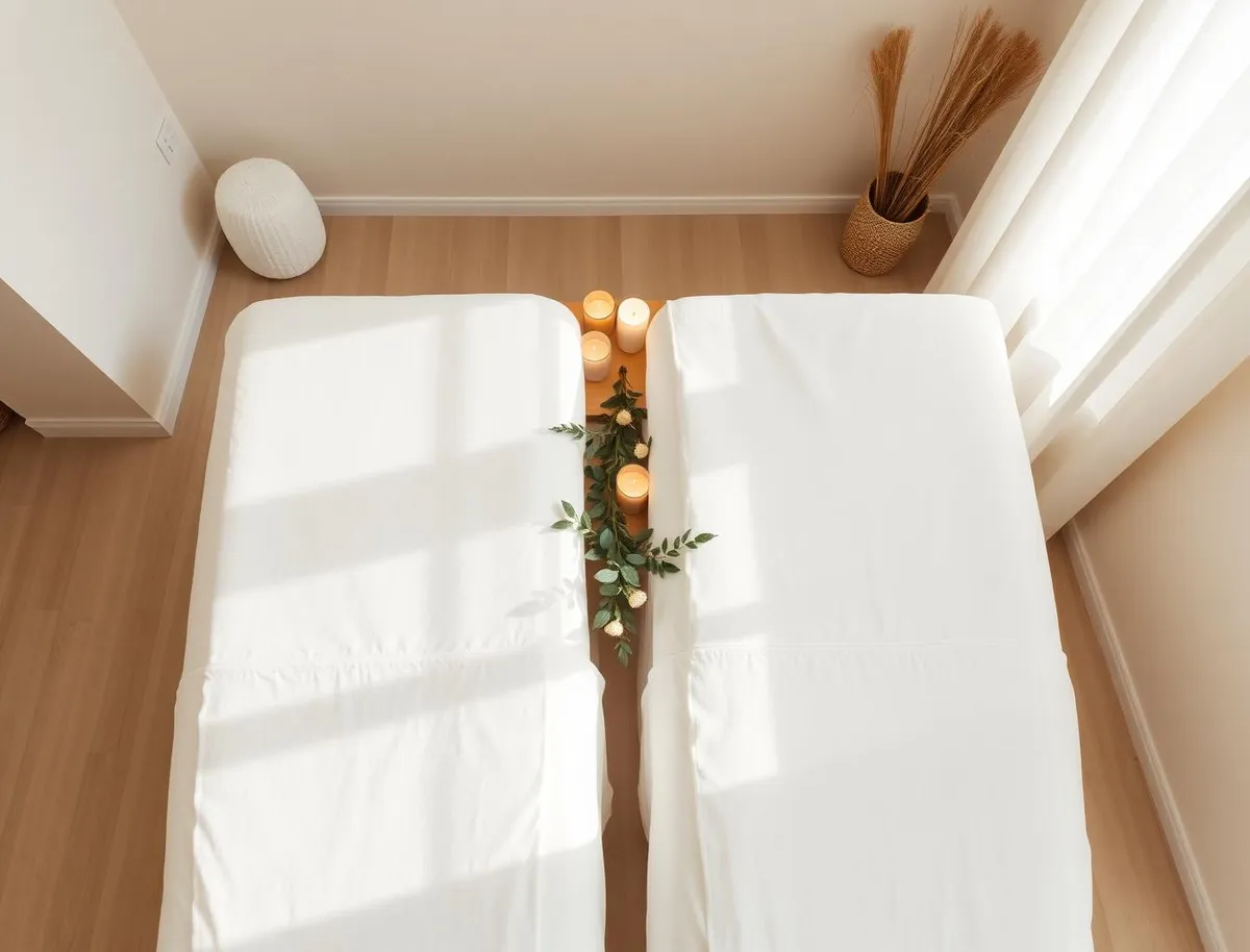 Two empty massage tables side by side with candles and greenery between them