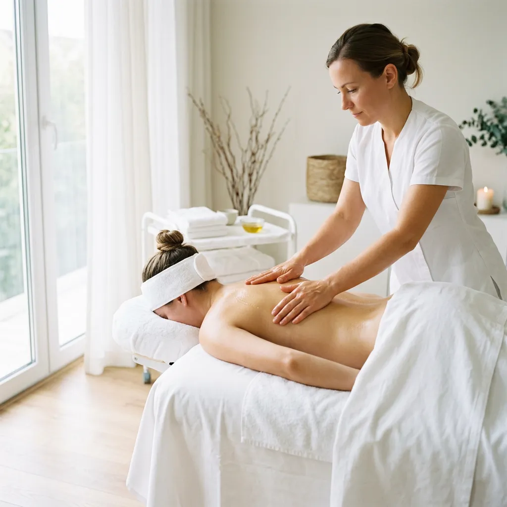 Therapist working along the back of a woman in a headband lying face down