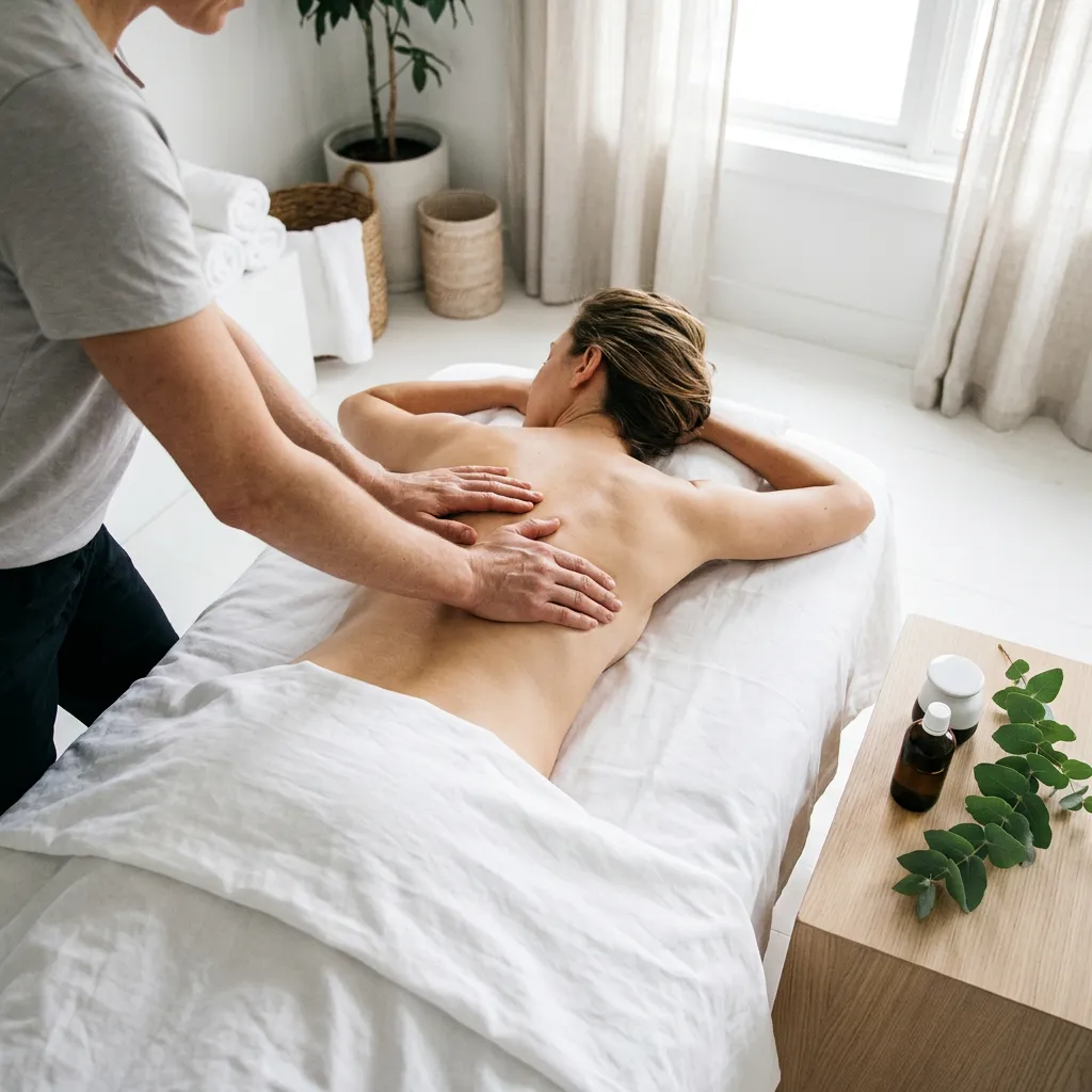 Massage for lower back pain: a therapist's hands spread across the mid back of a woman lying face down
