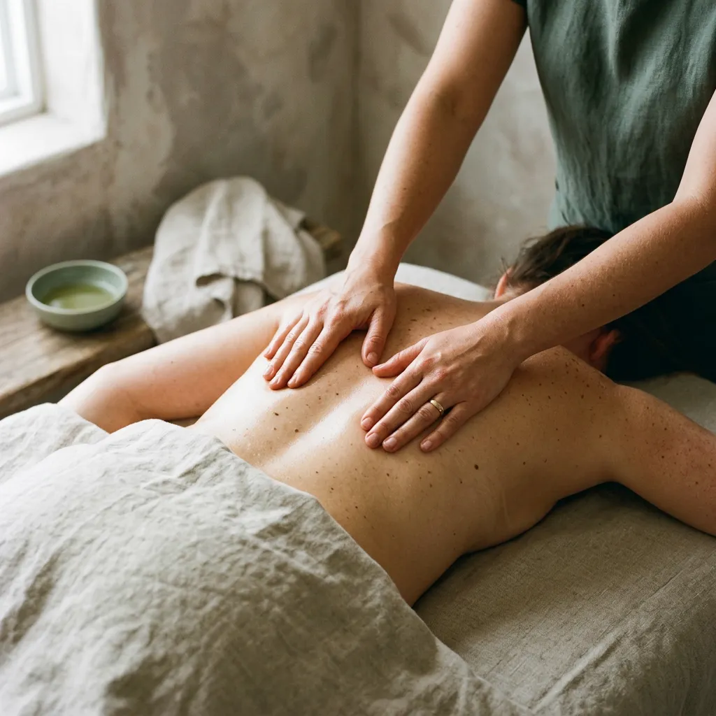Close-up of a therapist's hands pressing into a client's upper back beside the shoulder blade