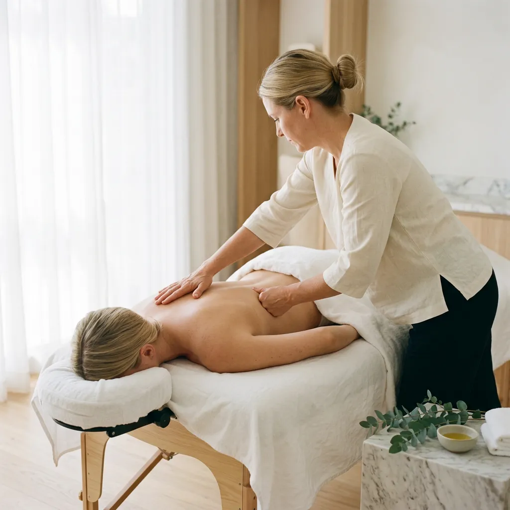 Therapist pressing both hands along the mid back of a woman lying face down