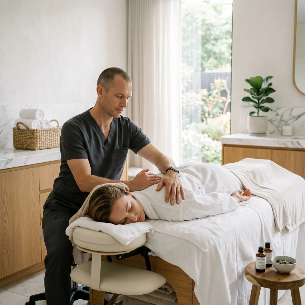 Health insurance massage session: a therapist works on the shoulder of a client lying face down