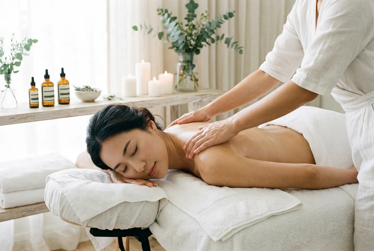 Therapist massaging a woman's shoulders as she rests face down beside candles and amber oil bottles