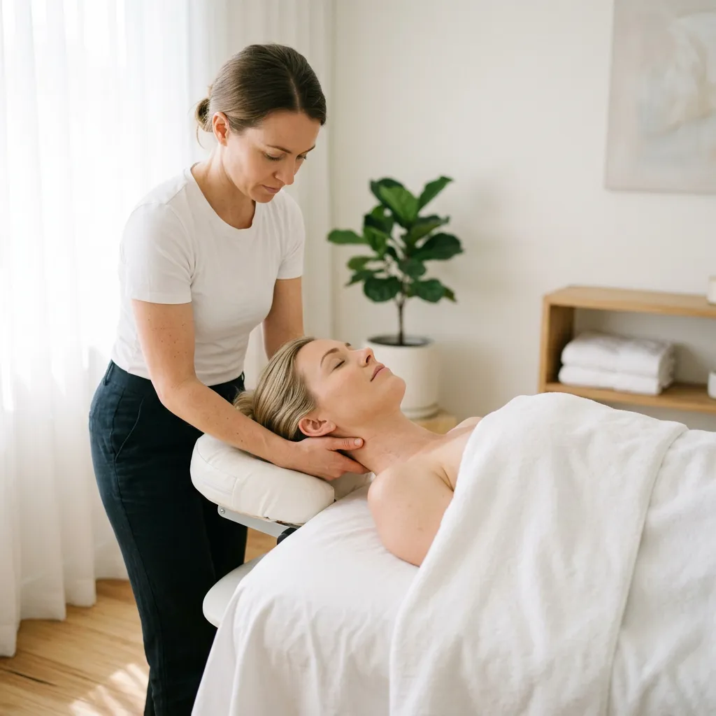 Neck pain massage: a therapist cradles a woman's neck in both hands as she lies face up