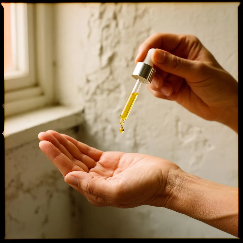 Oil falling from a glass dropper into an open palm