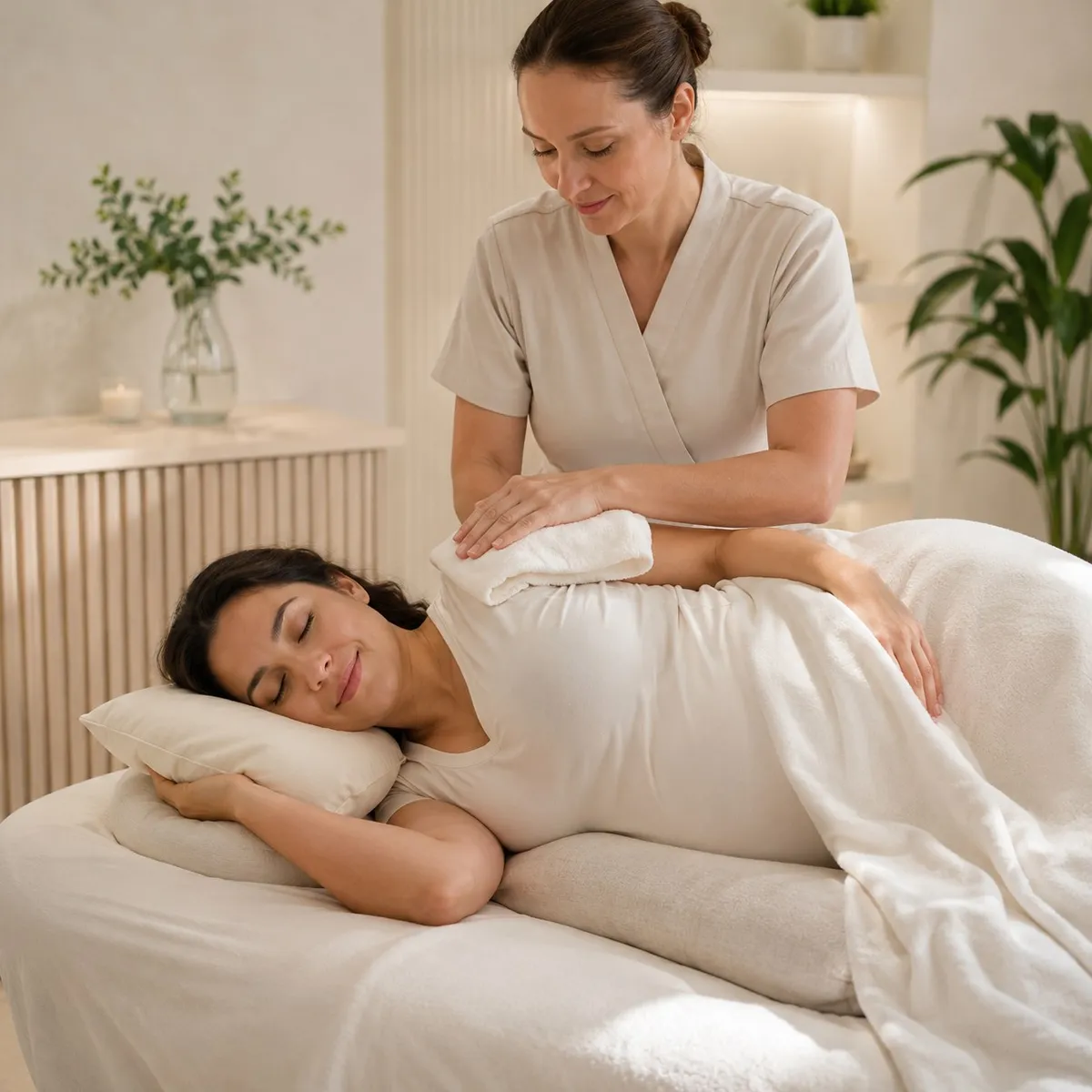 Prenatal massage: a pregnant woman rests on her side on a pillow and bolster