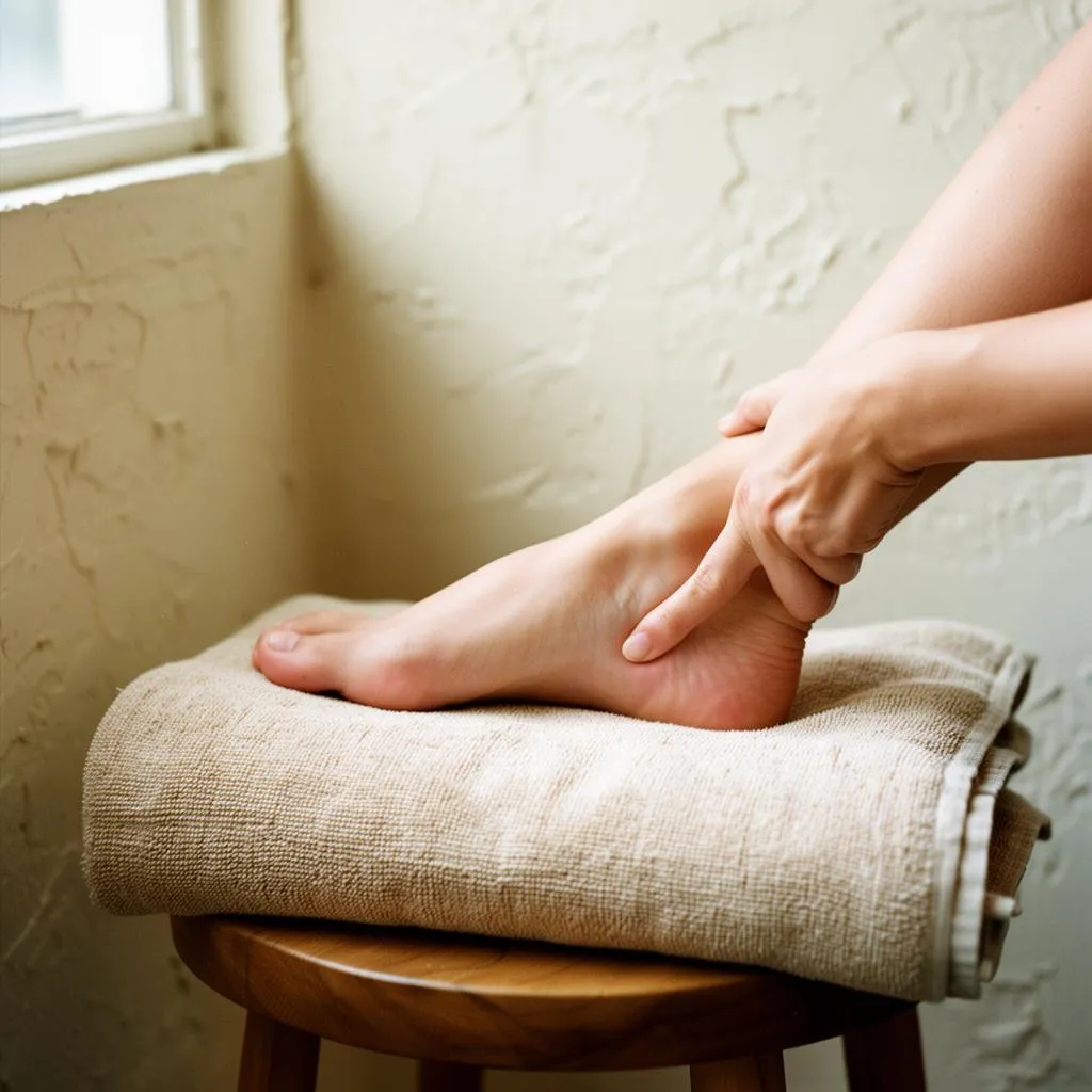 Hands pressing into the sole of a bare foot resting on a folded towel