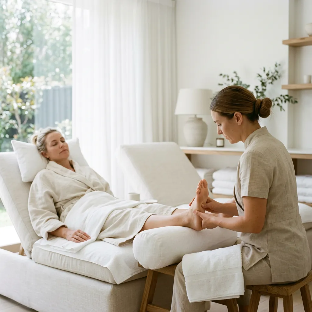 Foot reflexology: a therapist holds the foot of a client reclining in a robe on a cushioned lounge