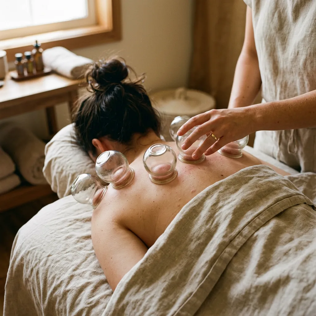 Skin reddening under clear suction cups on a woman's upper back, the start of cupping marks