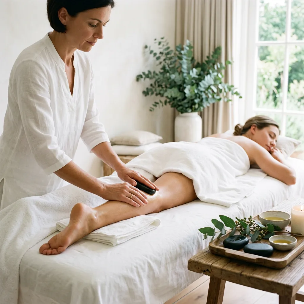 Hot stone massage: a therapist glides a smooth dark stone along a client's calf