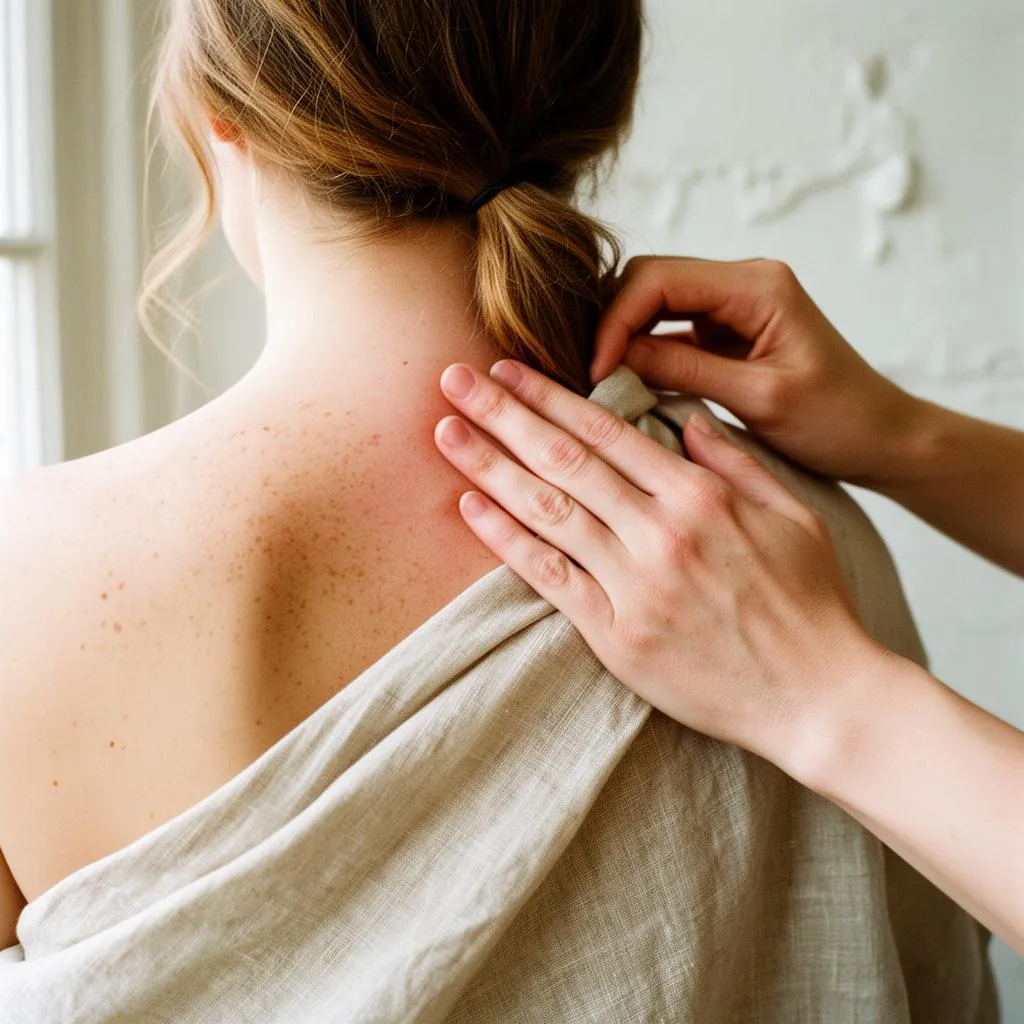 Close-up of hands kneading where a woman's neck meets her shoulder