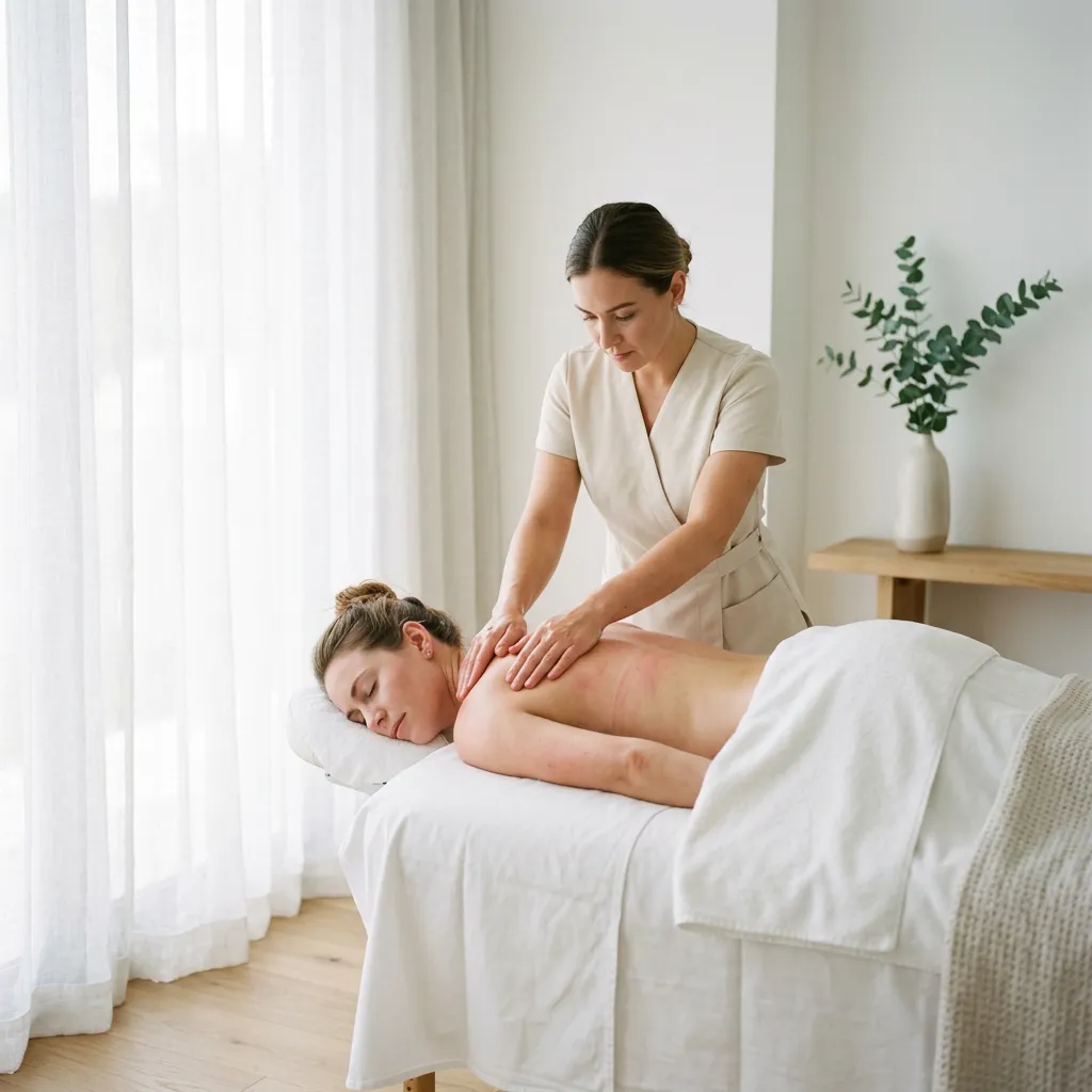 Medical massage: a therapist works both hands over a woman's upper back and shoulder