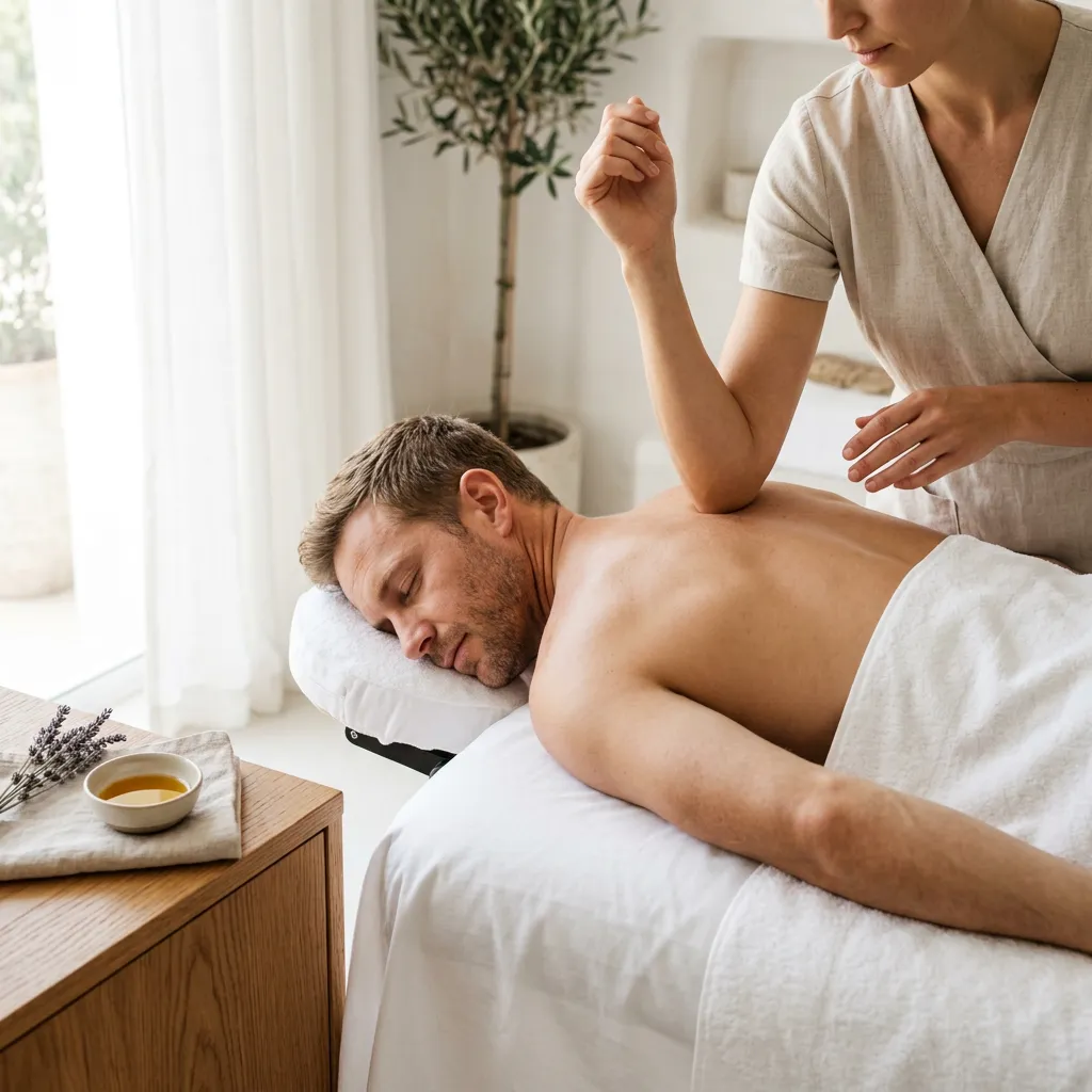Deep tissue massage: a therapist leans her forearm into a man's upper back