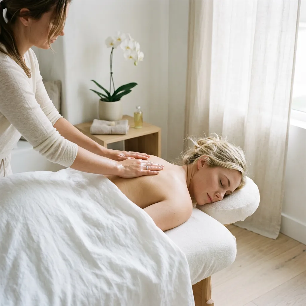 Therapist's hands on a woman's upper back, the rest of her draped under a white sheet