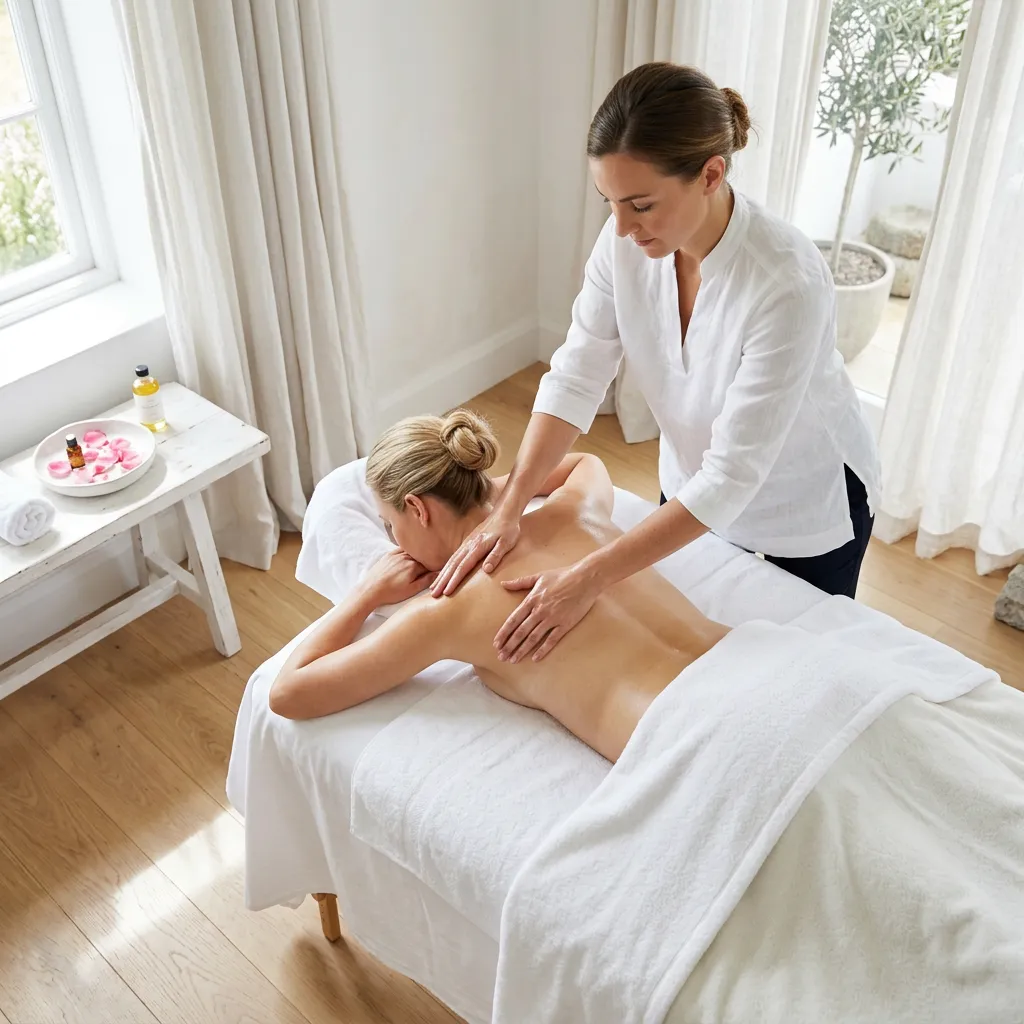 Therapist working across a woman's shoulder blades as she lies face down in a bright room