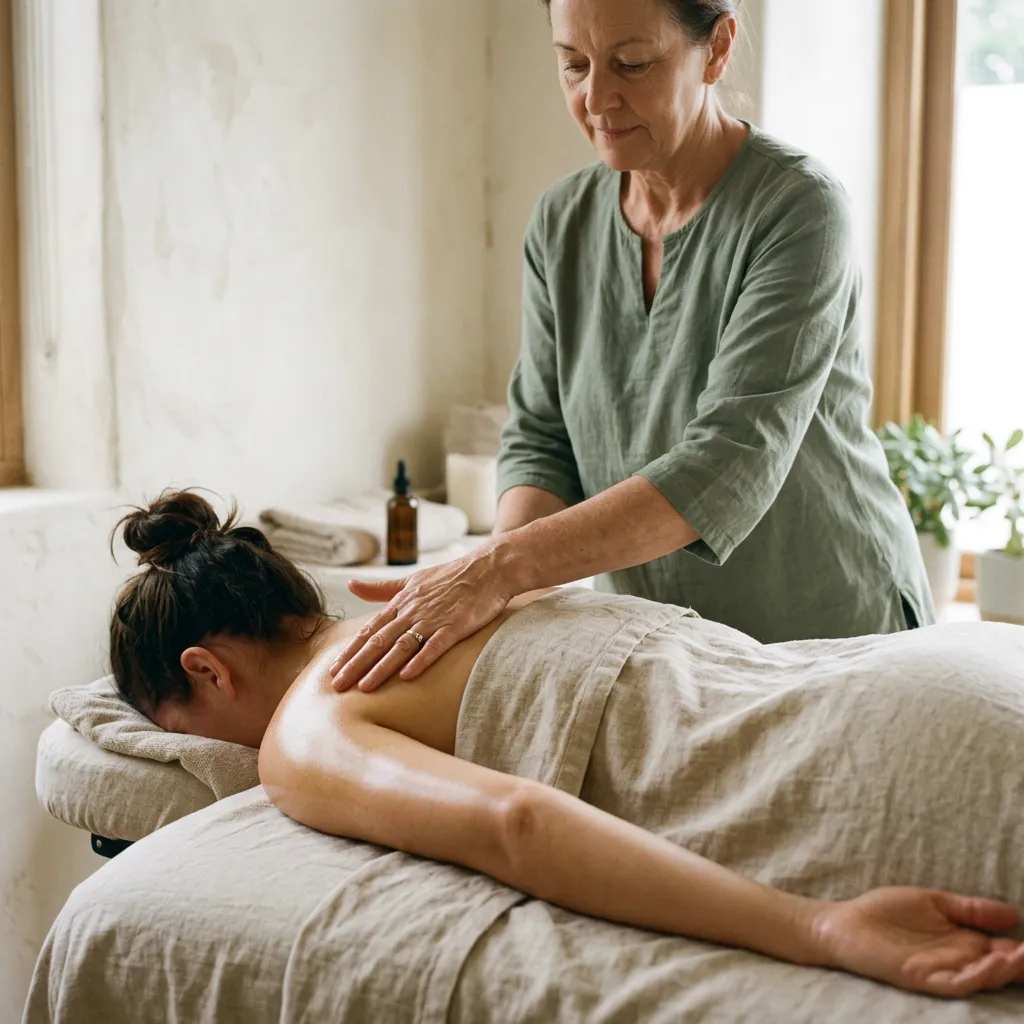 Swedish massage: a therapist glides both hands over a woman's upper back