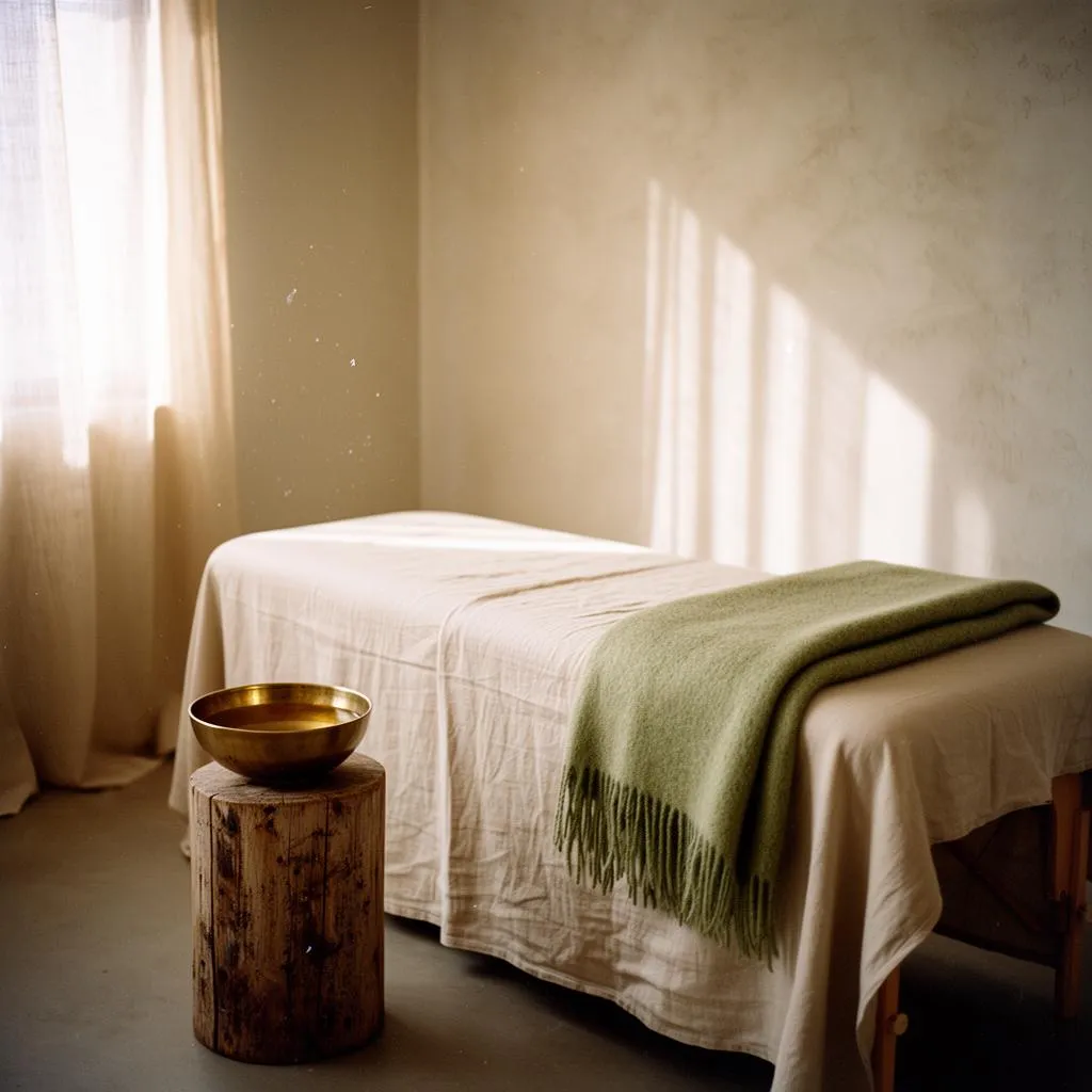 Empty massage table in cream linen with a folded green wool throw and a brass bowl